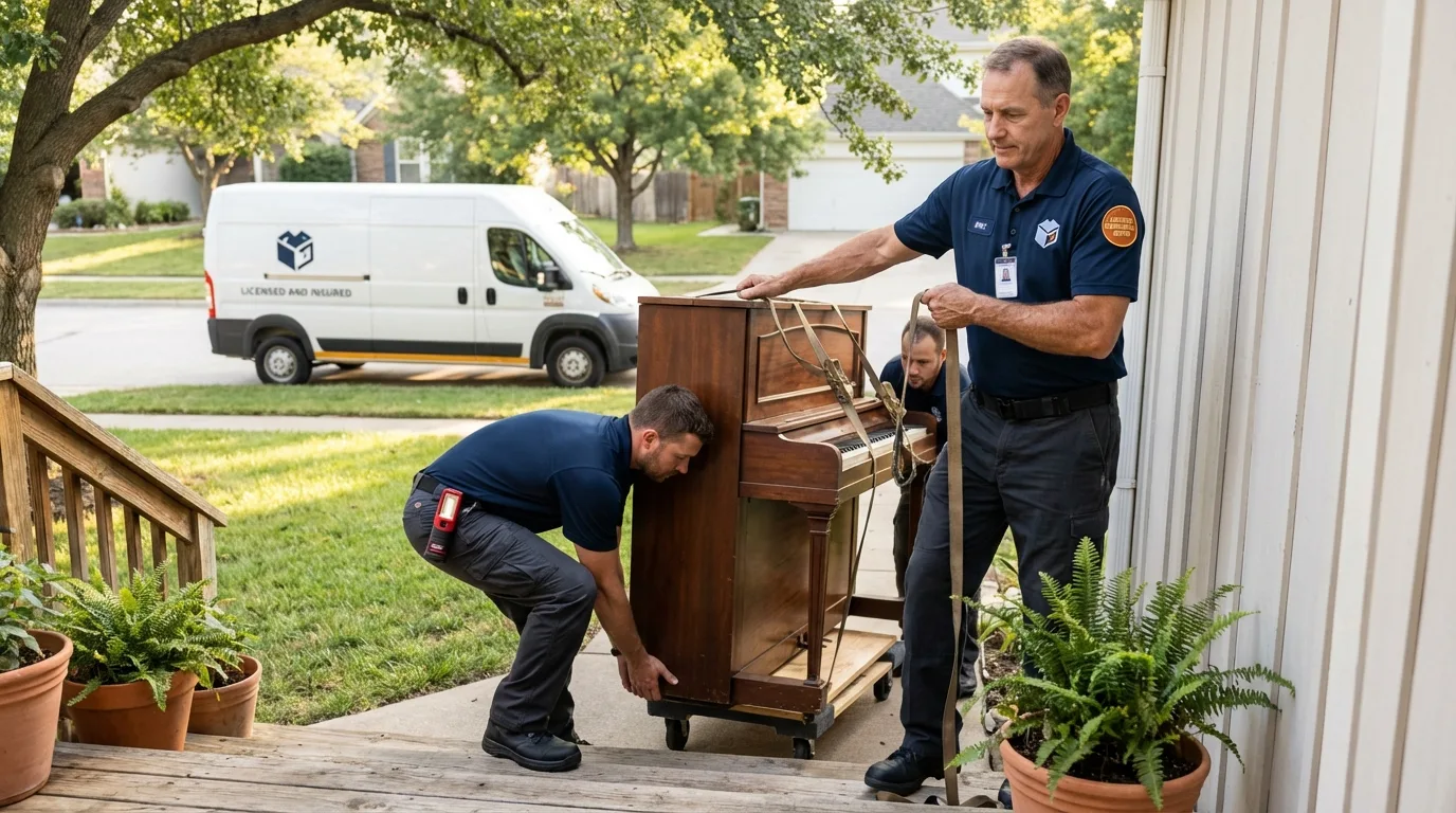 Licensed piano movers securing grand piano in Salt Lake City, UT
