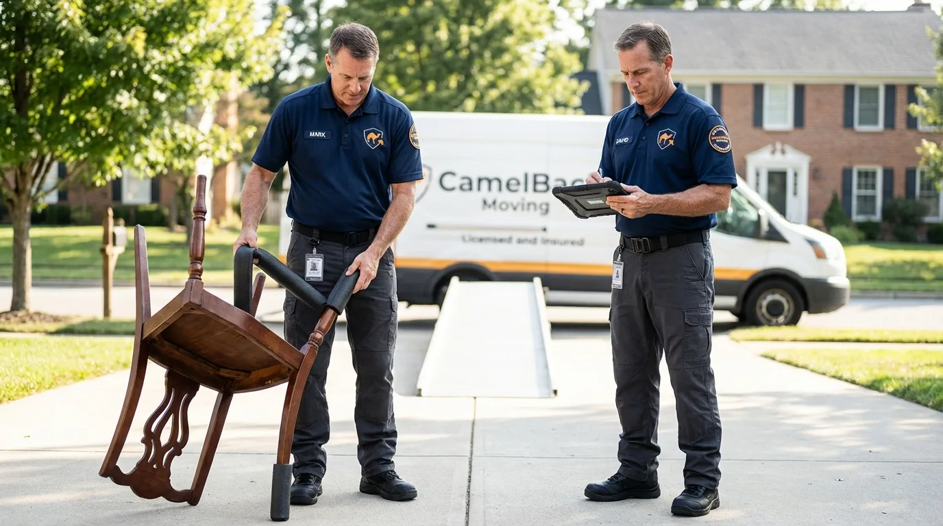 Movers inspecting furniture for damage prevention before loading in Salt Lake City, UT