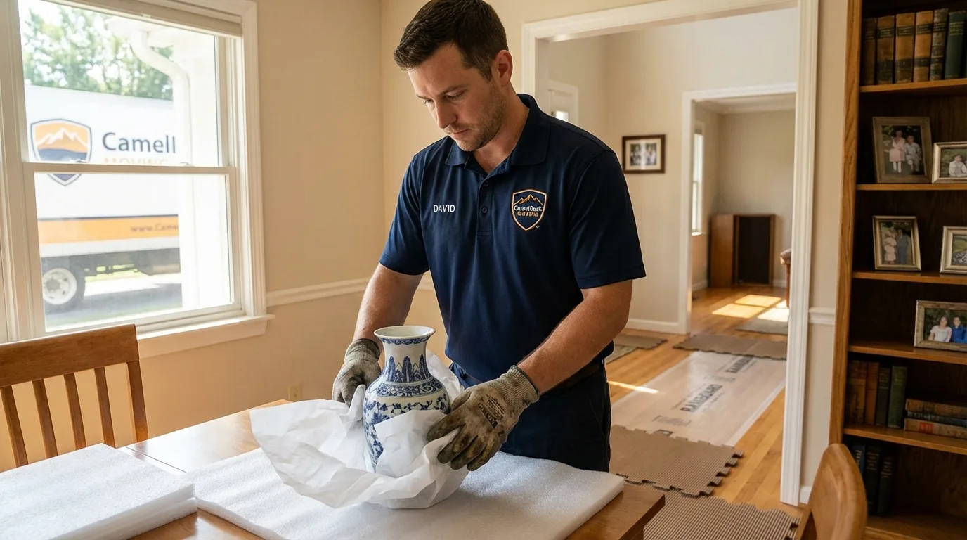 Professional crew carefully wrapping antique vase for senior downsizing move in Salt Lake City, UT